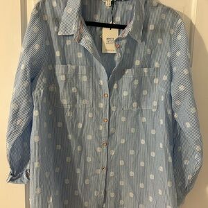 White Stuff Women's Blue Stripe & Polka Dot Button-Down Shirt NWT